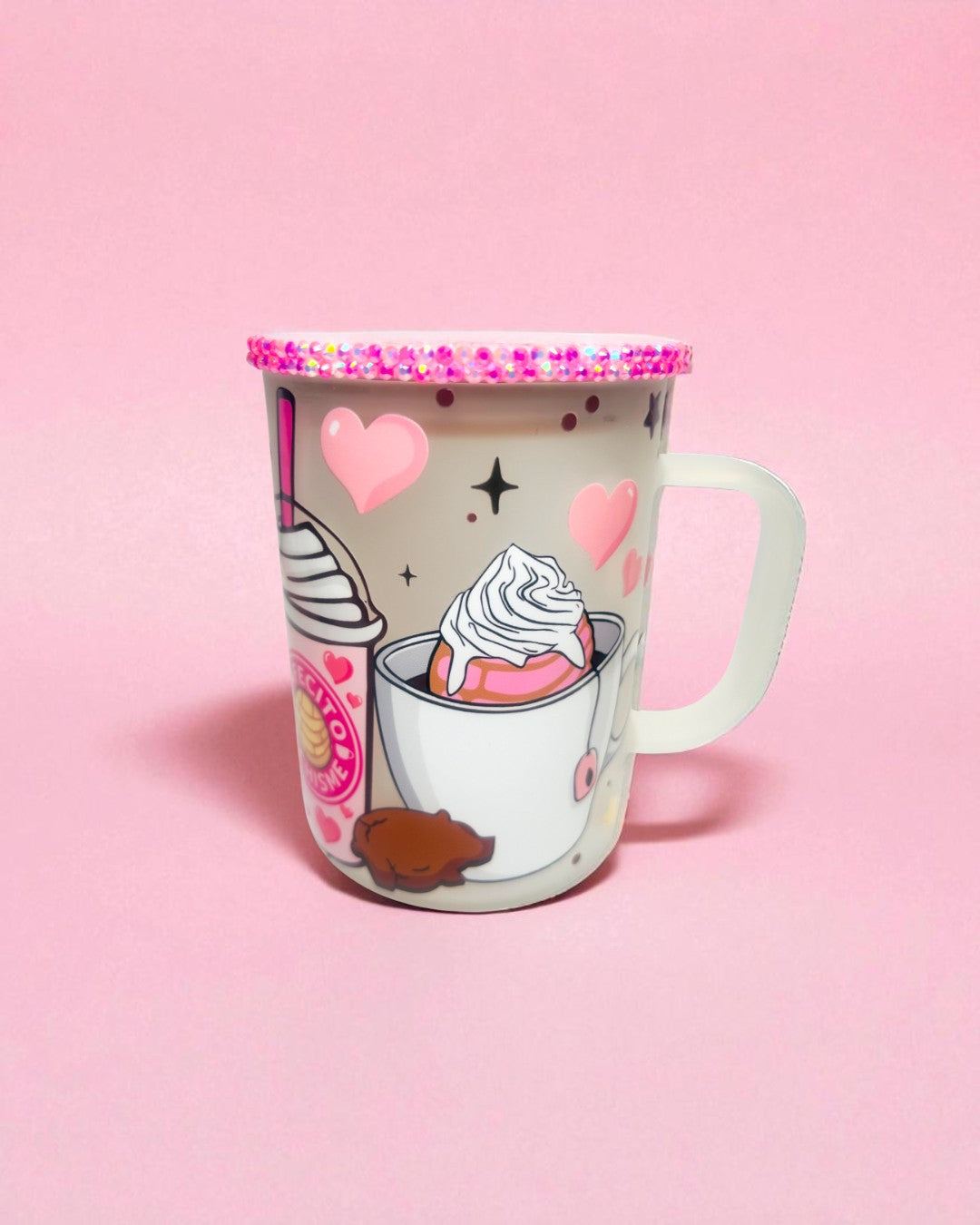 Cafecito Y Chisme 17oz Glass Mug/Rhinestone Lid
