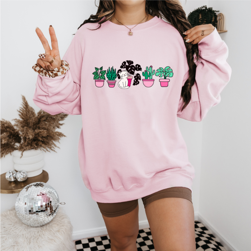 Smiling Cat Standing Next to a Plant Sweatshirt