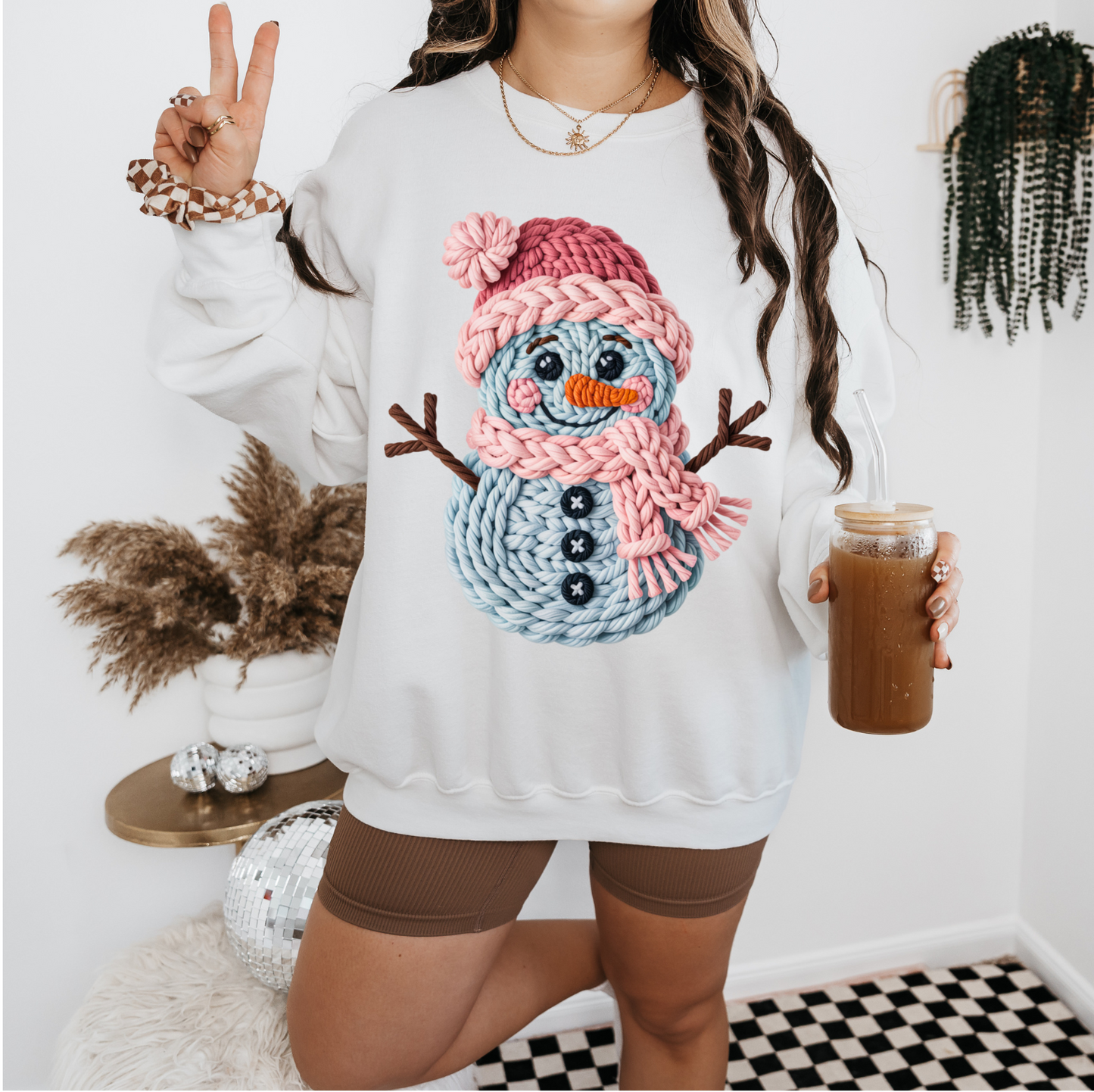 Faux Yarn Crochet Snowman Sweatshirt-Pink