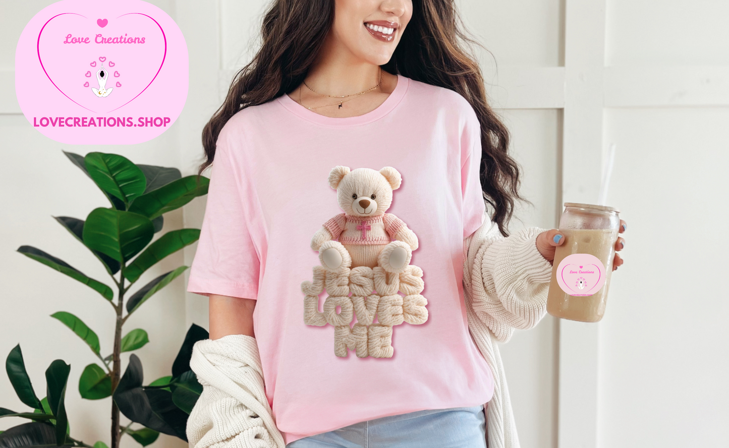 Jesus Loves Me Teddy Bear Faux Yarn Crochet Embroider T-Shirt