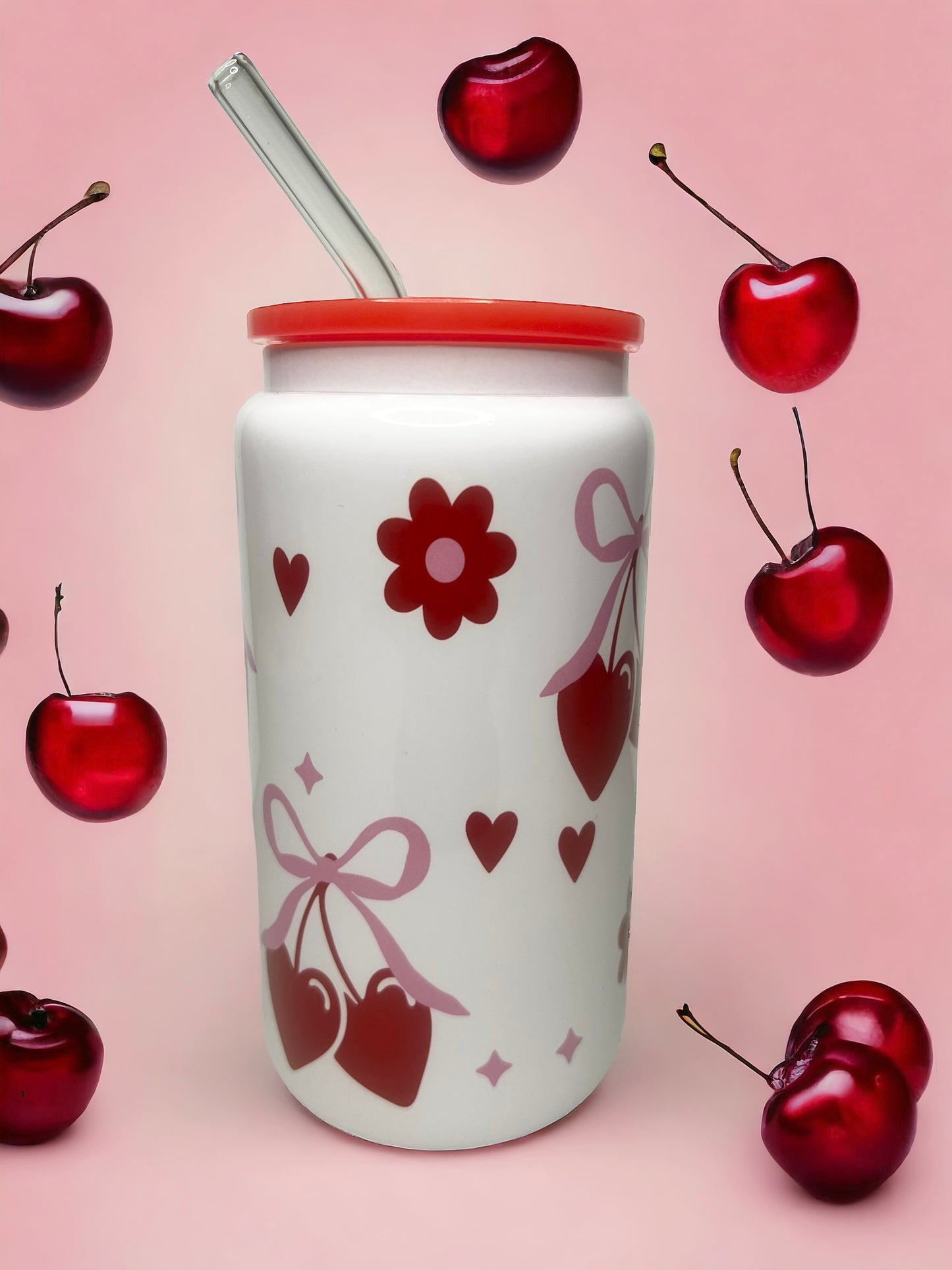 Cherry Heart Bow 16 oz Glass Cup