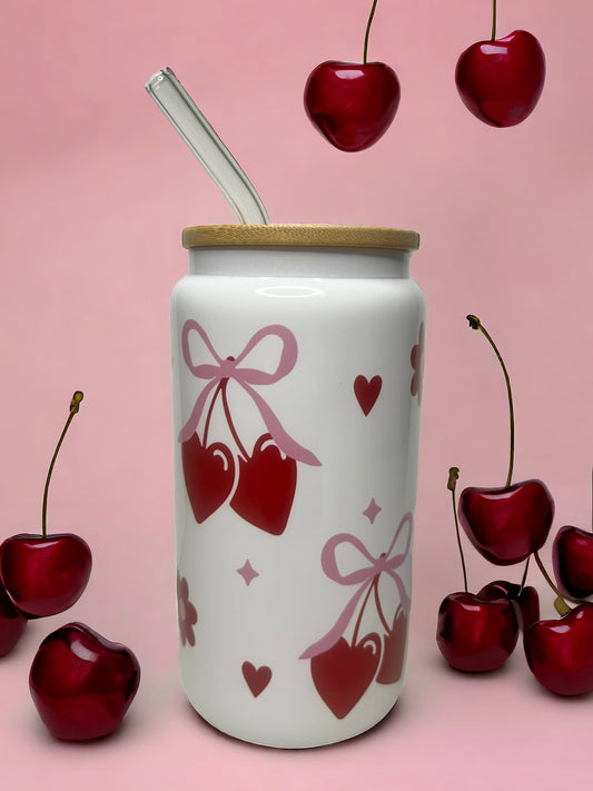 Cherry Heart Bow 16 oz Glass Cup