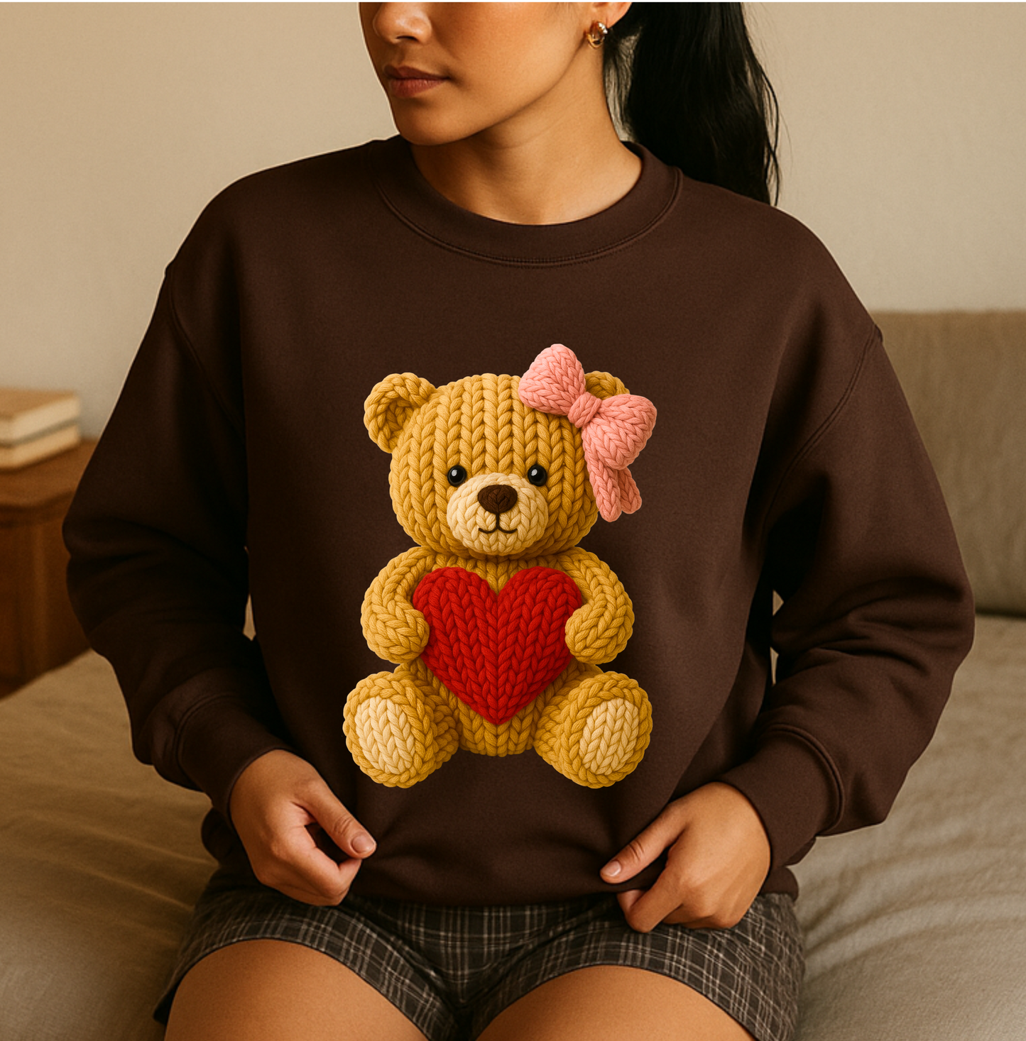 Person wearing a brown sweatshirt with a knitted bear holding a red heart design.