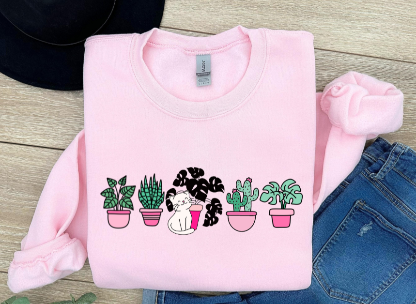 Smiling Cat Standing Next to a Plant Sweatshirt