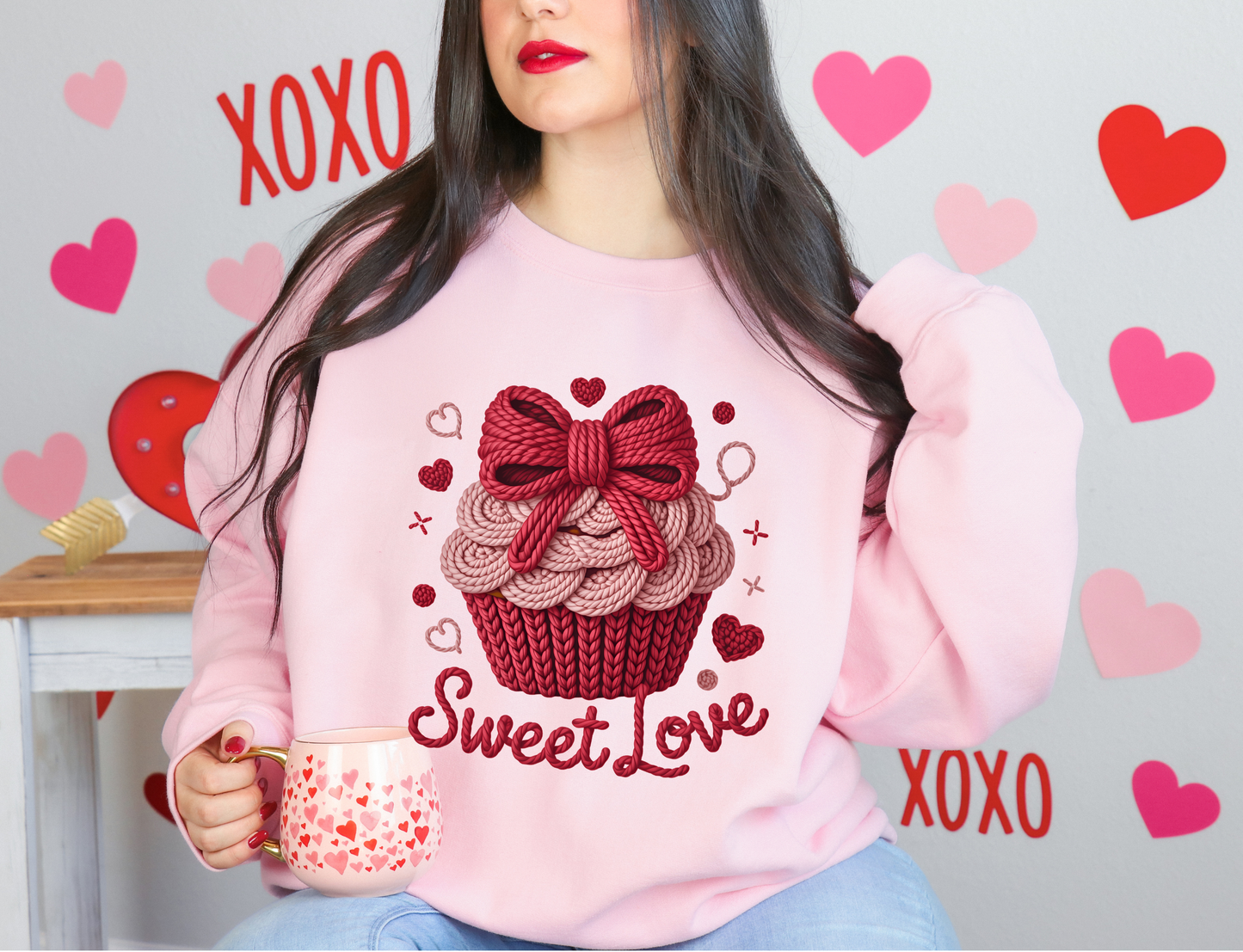 Faux Yarn Sweet Love Valentines Cupcacke Sweatshirt