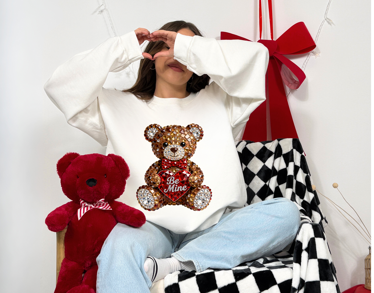 Faux Rhinestone Be Mine Teddy Bear Valentine Sweatshirt