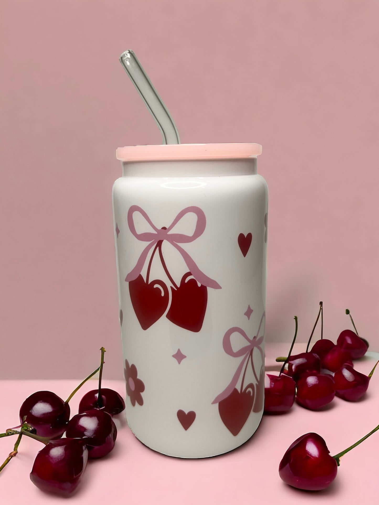 Cherry Heart Bow 16 oz Glass Cup