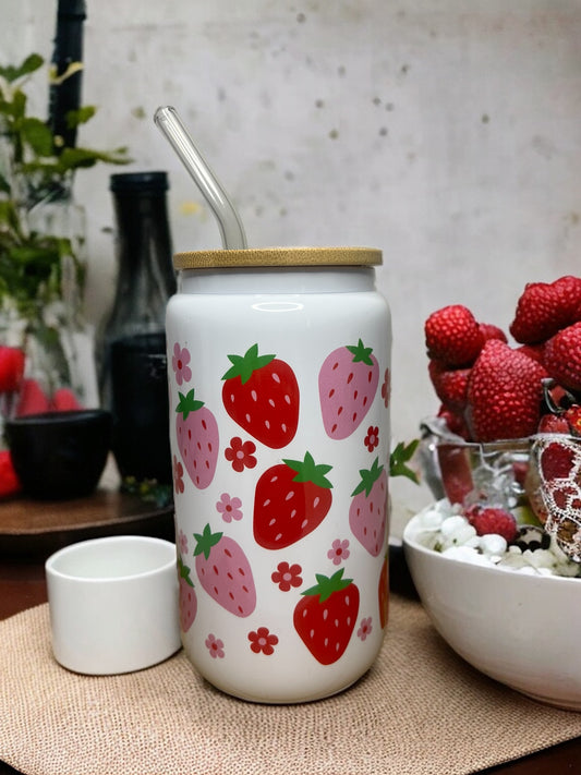 Strawberry Print 16 oz. Glass Cup