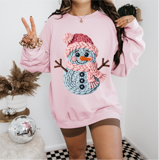 Faux Yarn Crochet Snowman Sweatshirt-Pink