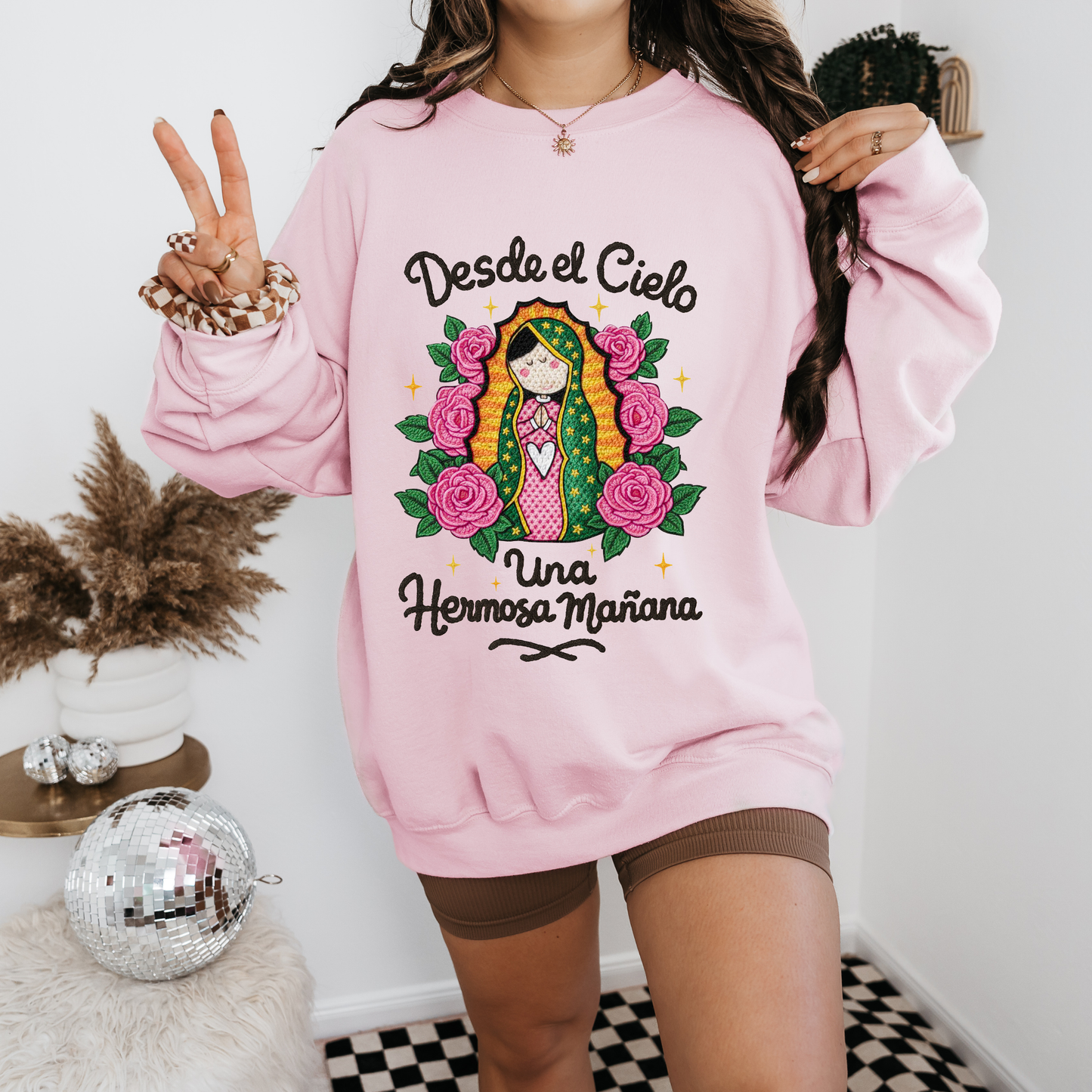 Faux Yarn Crochet Virgen De La Guadalupe Sweatshirt.