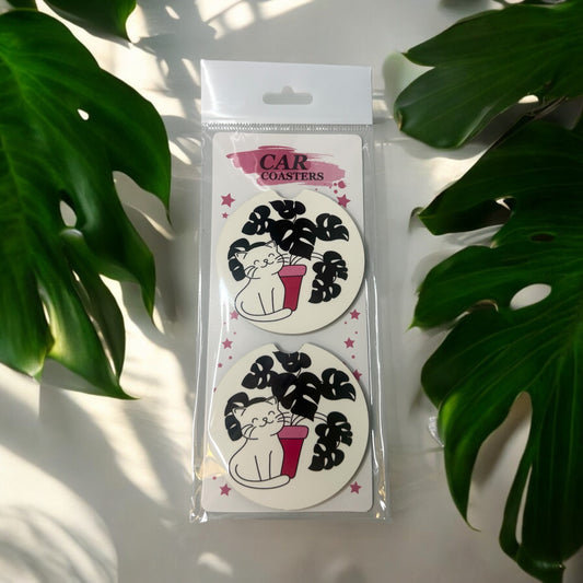 Smiling Cat Monstera Plant Car Coasters