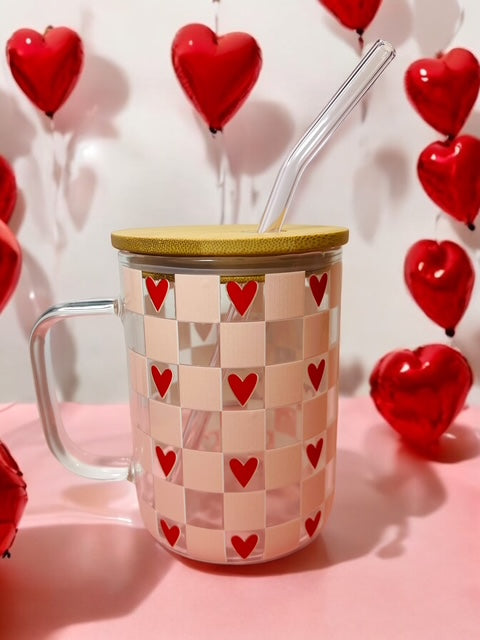 Checkered Red Hearts 17 oz Glass Mug