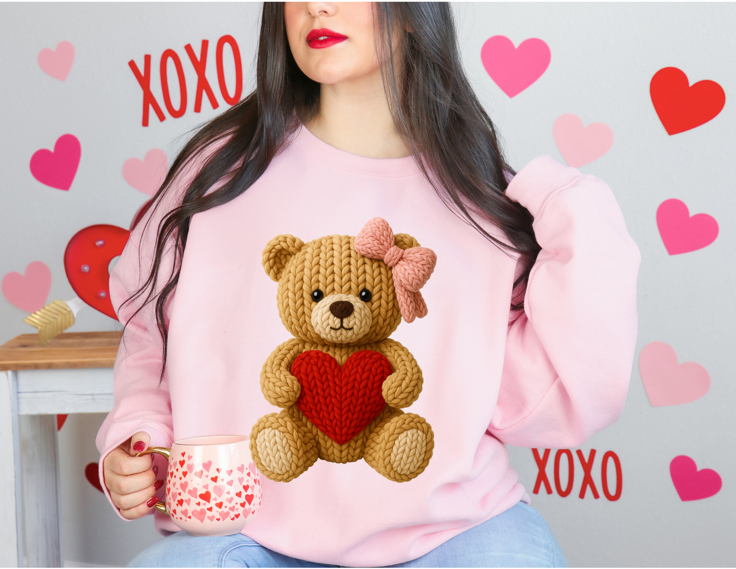 Faux Yarn Valentine's Day Teddy Bear Sweatshirt.