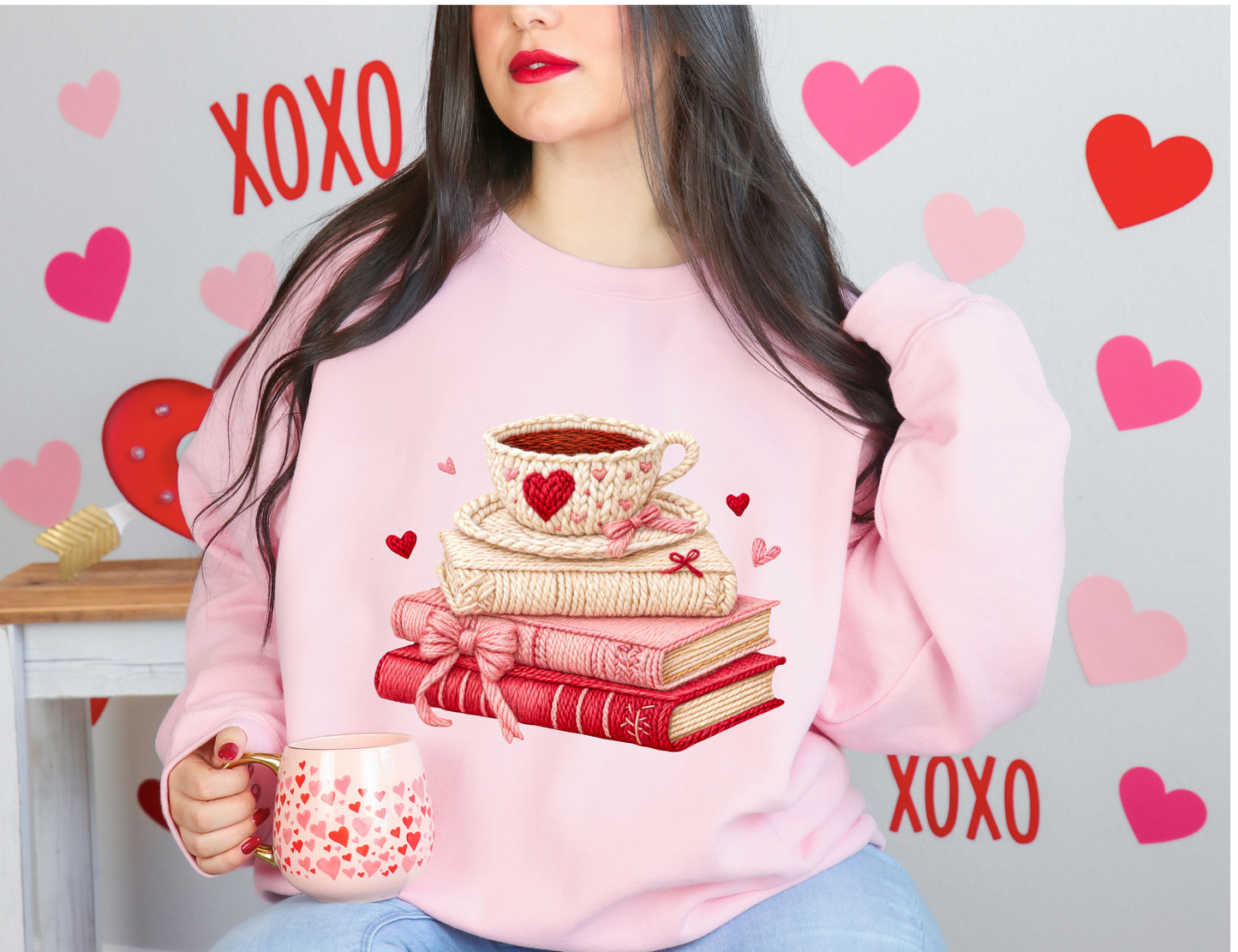 Faux Yarn Valentine Books and Coffee Sweatshirt