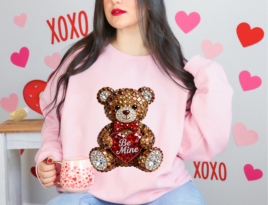 Faux Rhinestone Be Mine Teddy Bear Valentine Sweatshirt